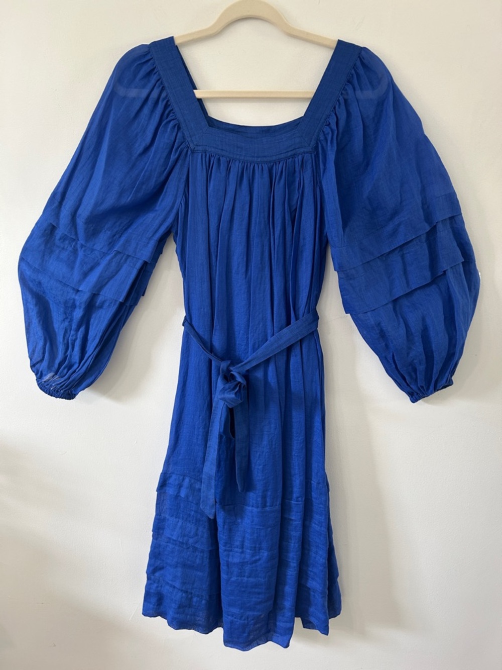 Banana Republic Dress XS Royal Blue Rami Tiered Midi Puff Sleeve Belted